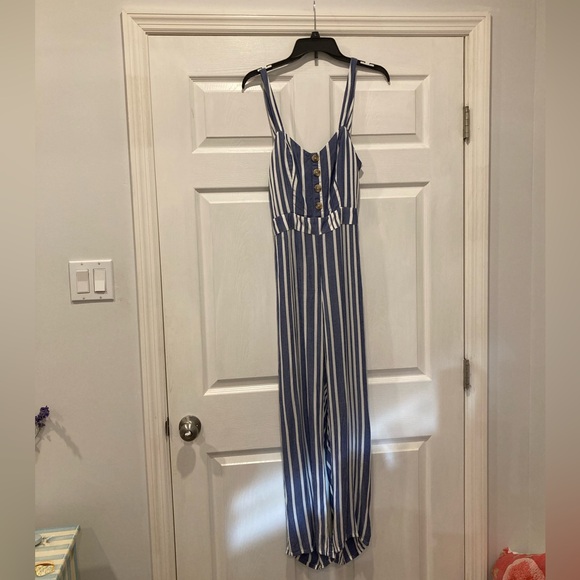 Express Blue and White Striped Jumpsuit - Picture 1 of 4